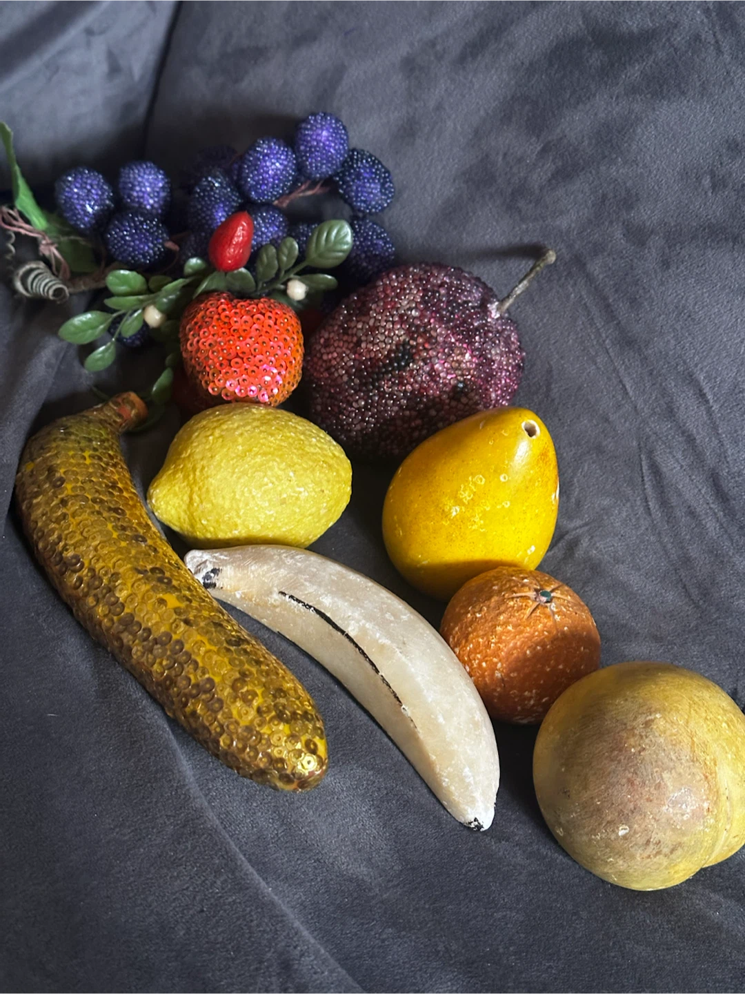 5 Antique Italian Alabaster & Vintage Beaded Fruit