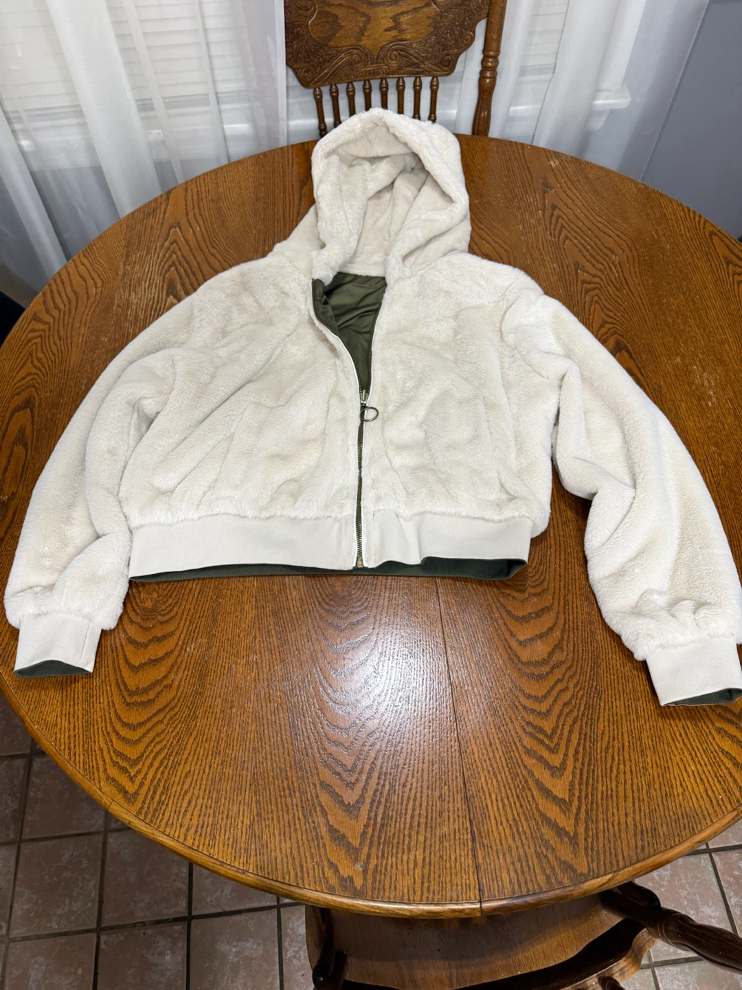 Reversible Olive Green and White Faux Fur Bomber Jacket