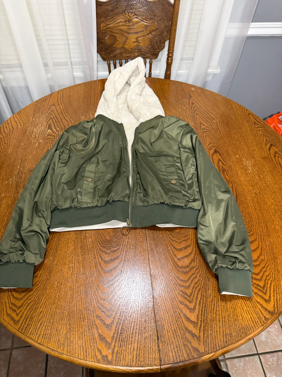 Reversible Olive Green and White Faux Fur Bomber Jacket - photo 3