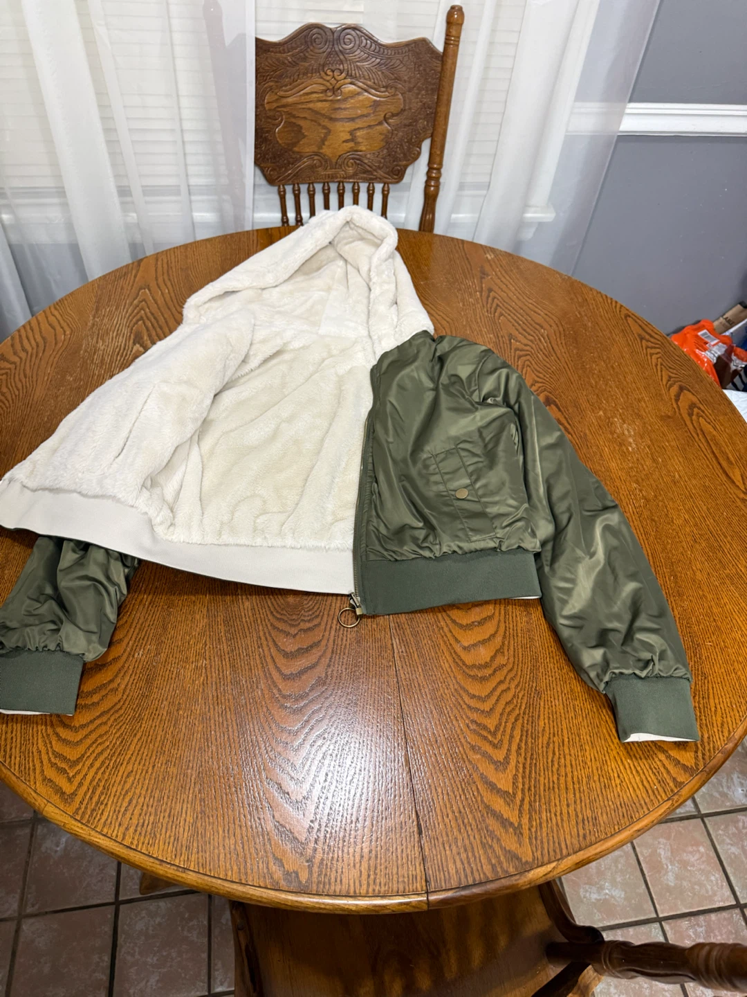Reversible Olive Green and White Faux Fur Bomber Jacket - photo 5