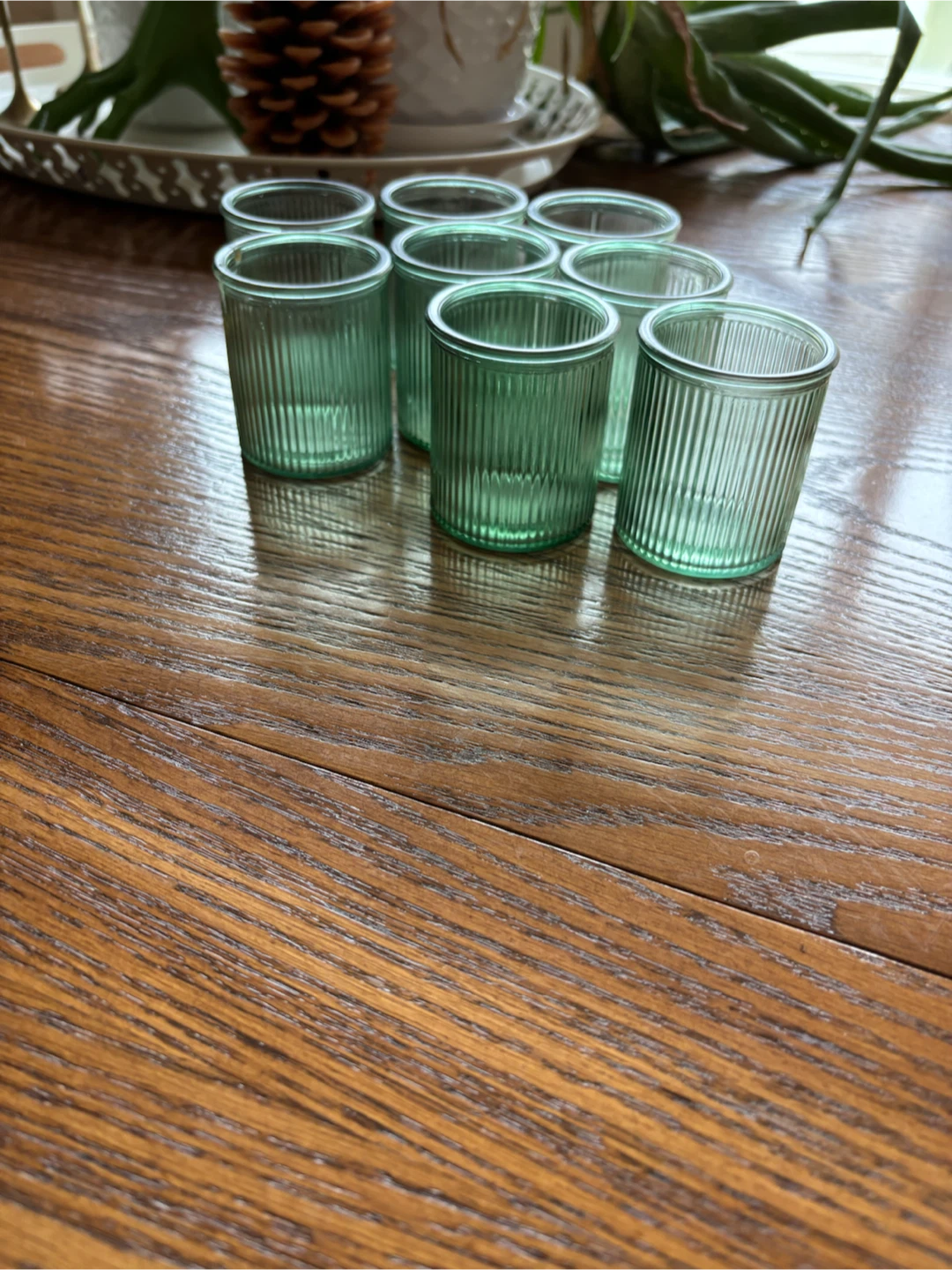 Set of 8 Green Ribbed Glass Votives