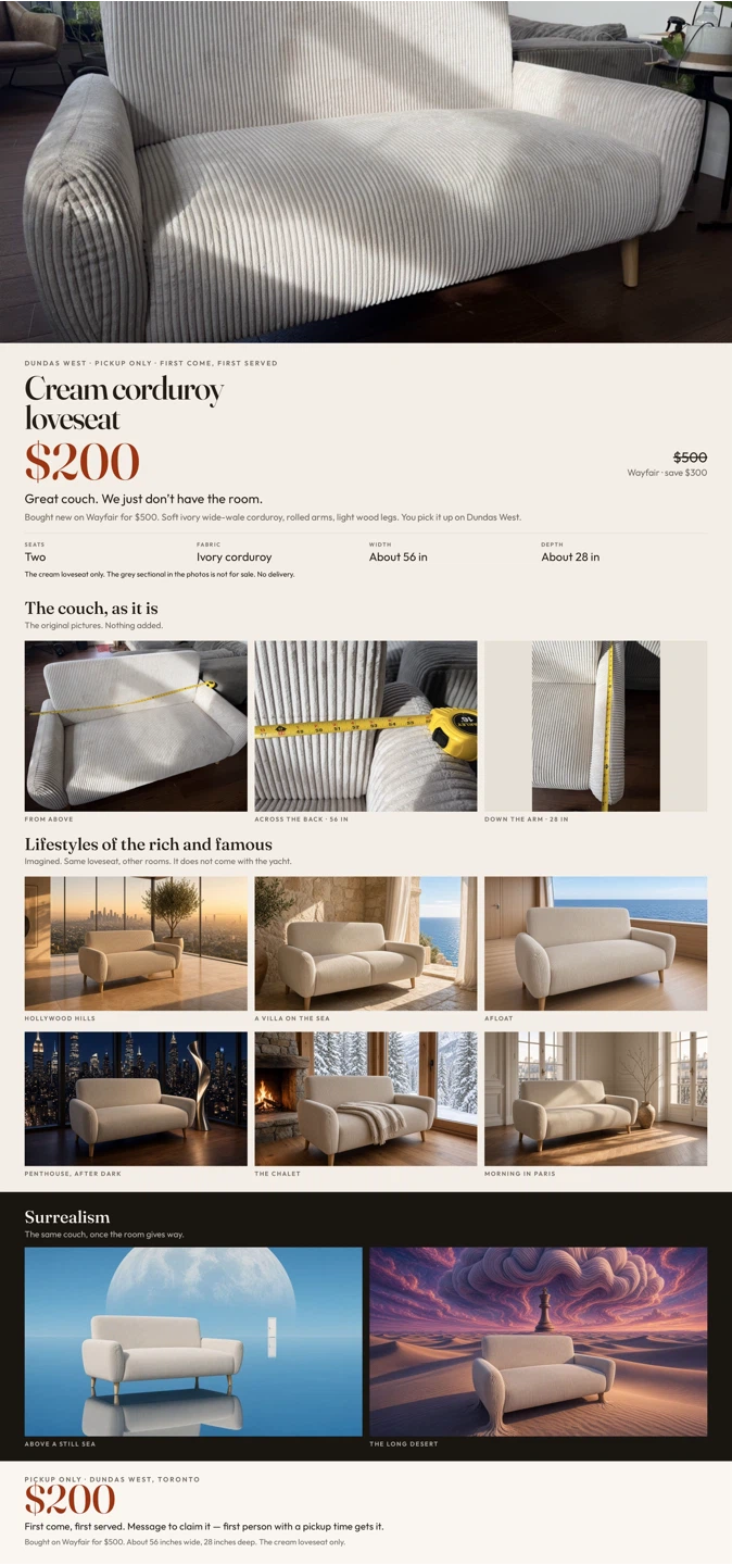 Cream Corduroy Loveseat