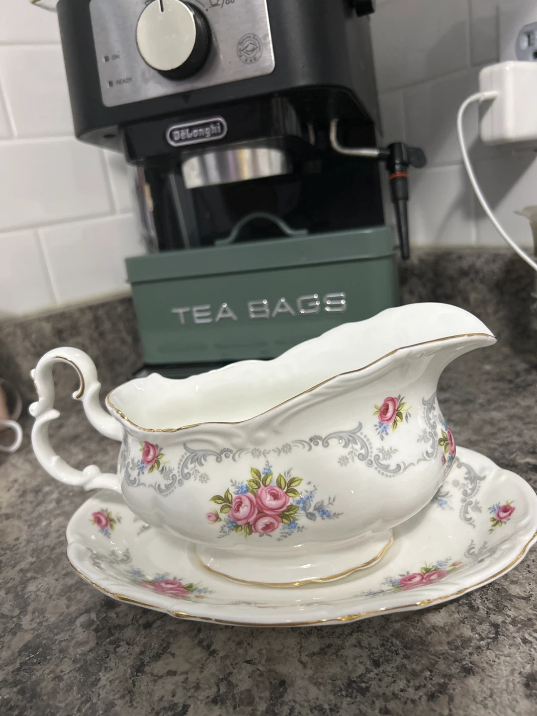 Vintage Floral Porcelain Gravy Boat with Stand - photo 2