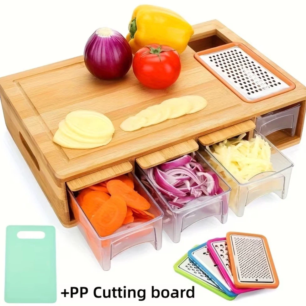 Bamboo Cutting Board with Storage Trays and Graters