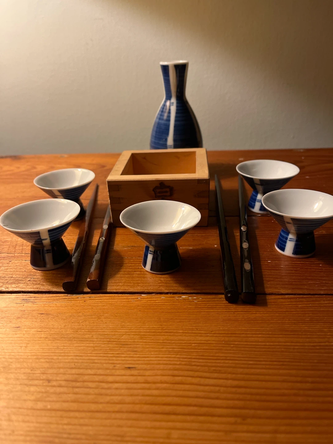 Japanese Sake Set with Cups, Decanter, and Masu Box
