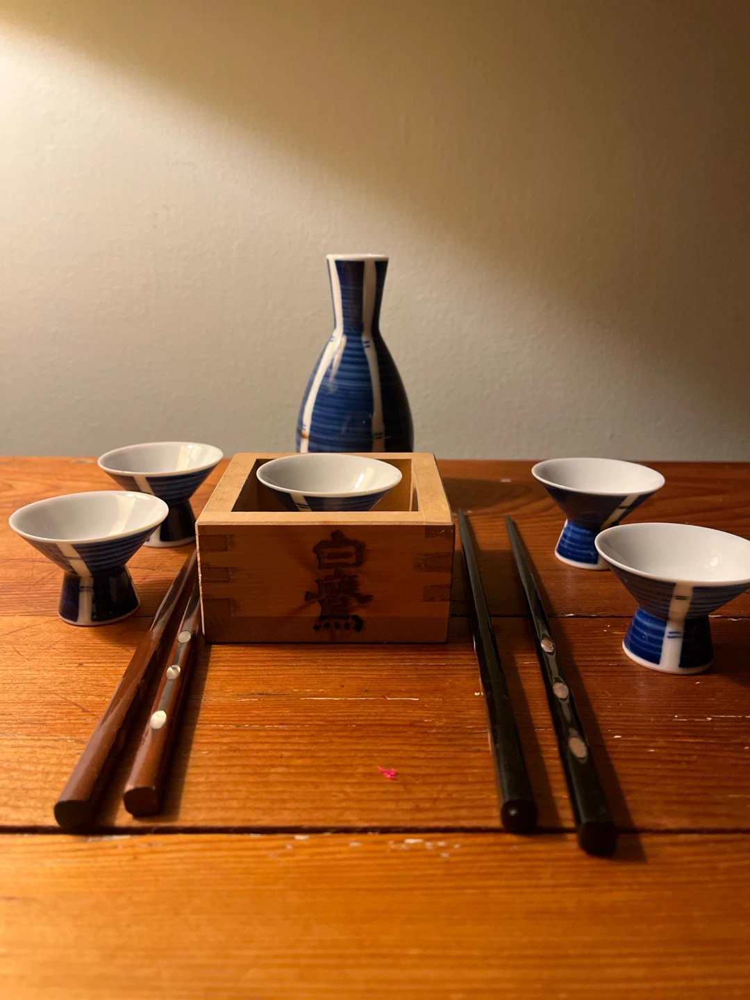 Japanese Sake Set with Cups, Decanter, and Masu Box - photo 2