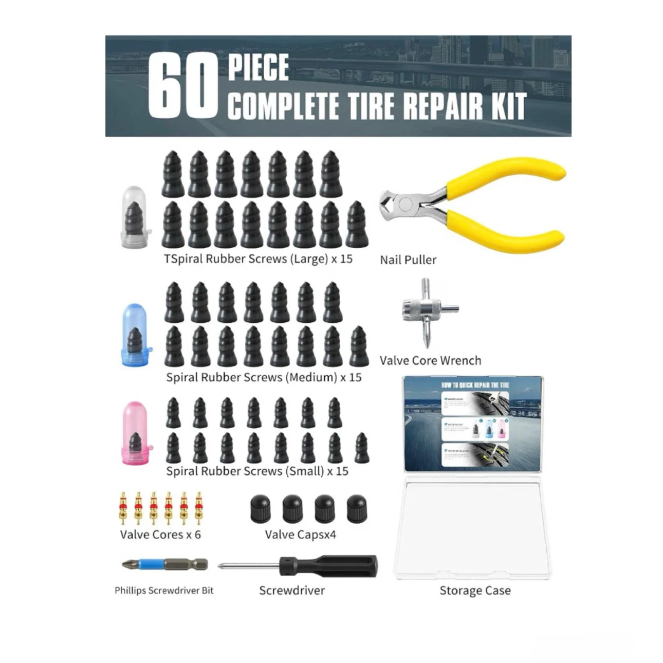 Brand new 60 PCS Tire Repair Kit with Tire Plug Screw Type - photo 3