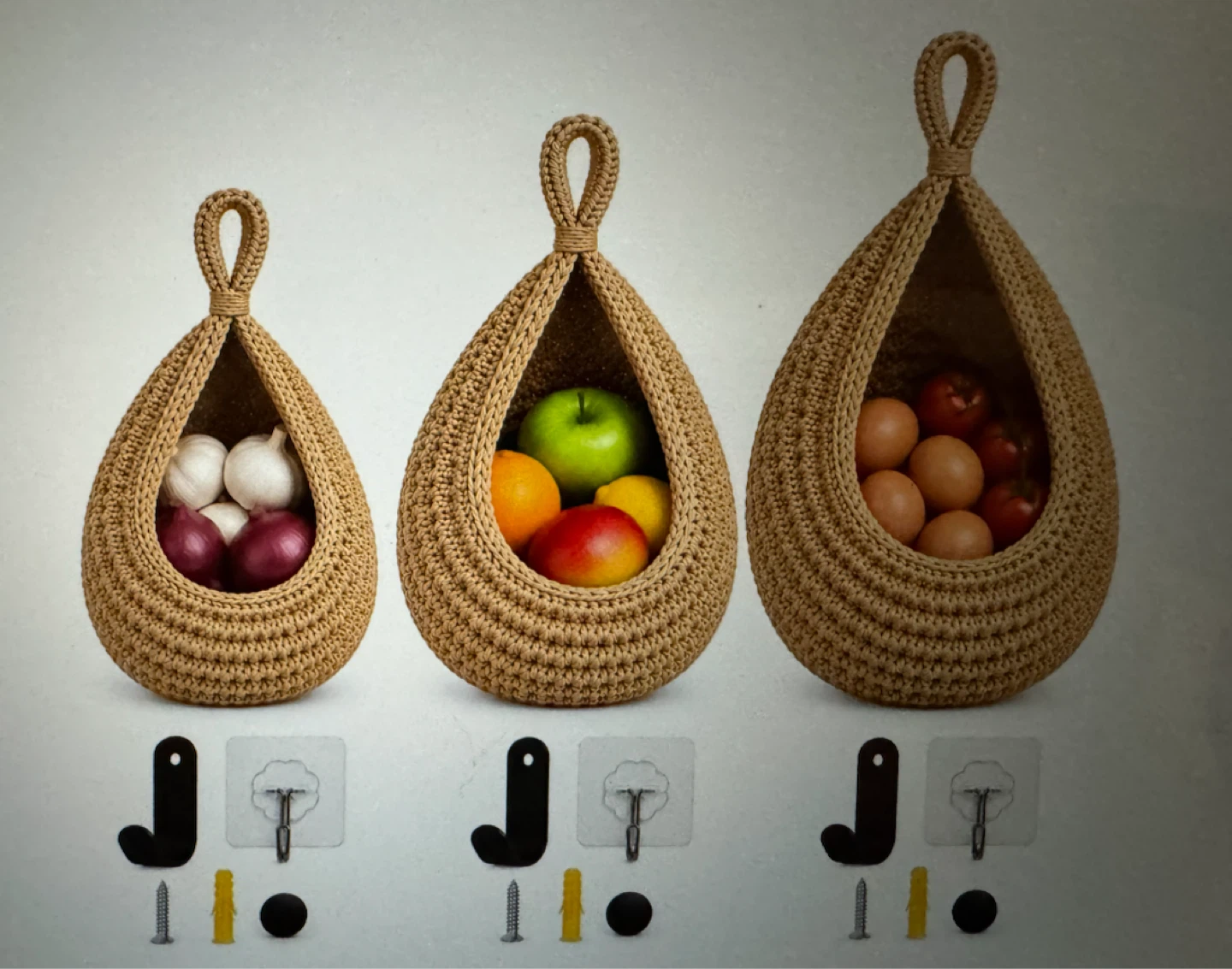 Set of 3 Hanging Woven Storage Baskets