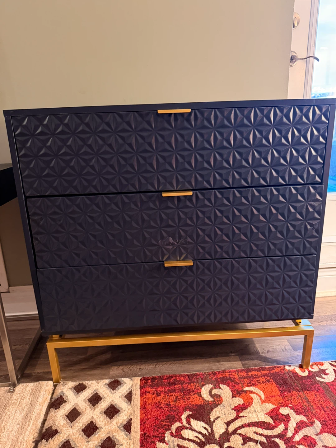 Modern Navy Blue 3-Drawer Dresser with Gold Accents
