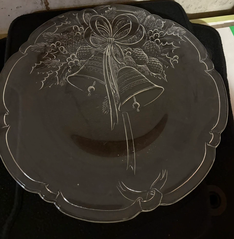 Clear Glass Holiday Platter with Bell Design