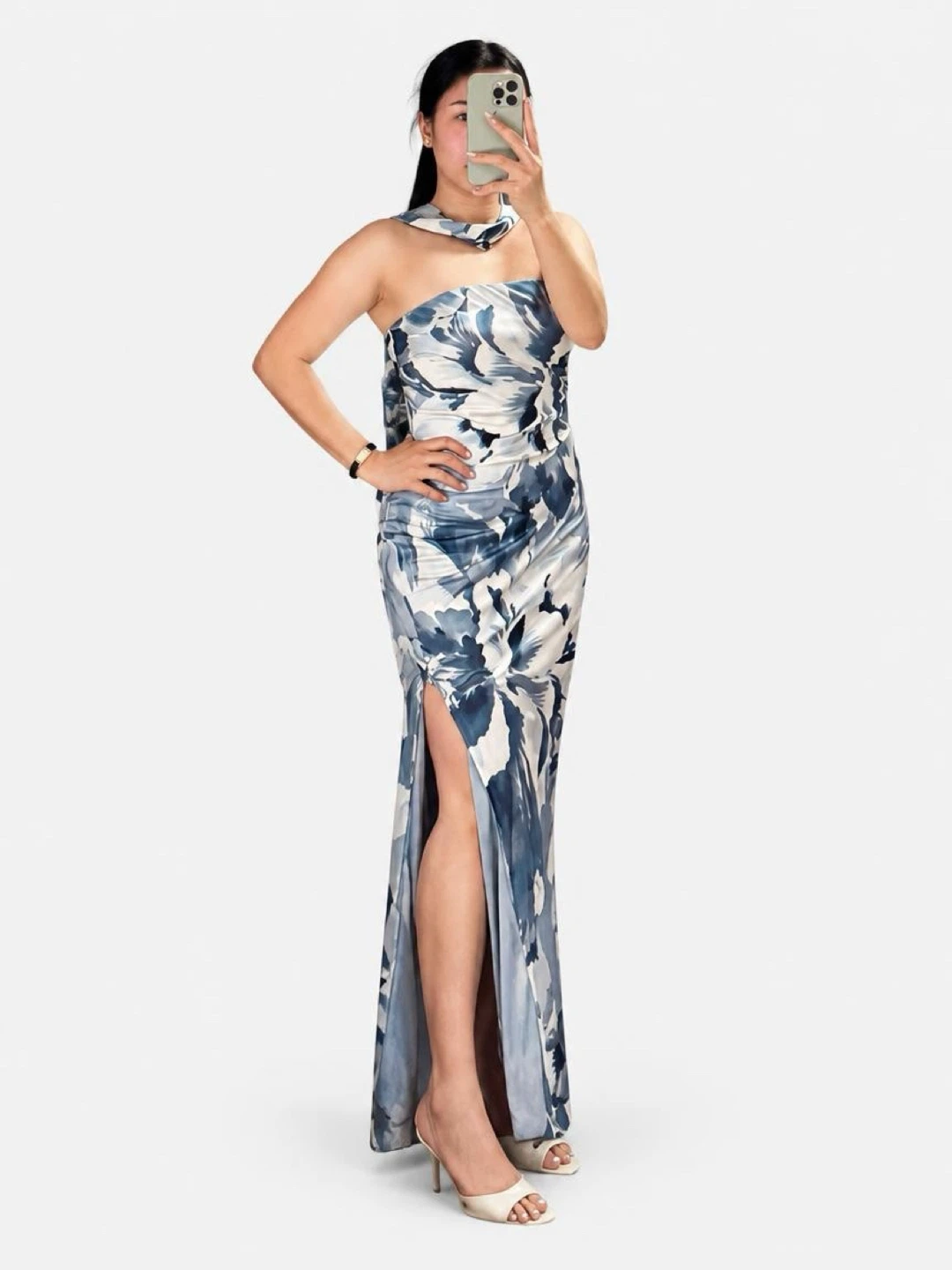 Blue and White Floral Satin Maxi Dress