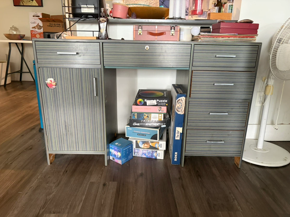 Grey Striped Wooden Desk with Storage