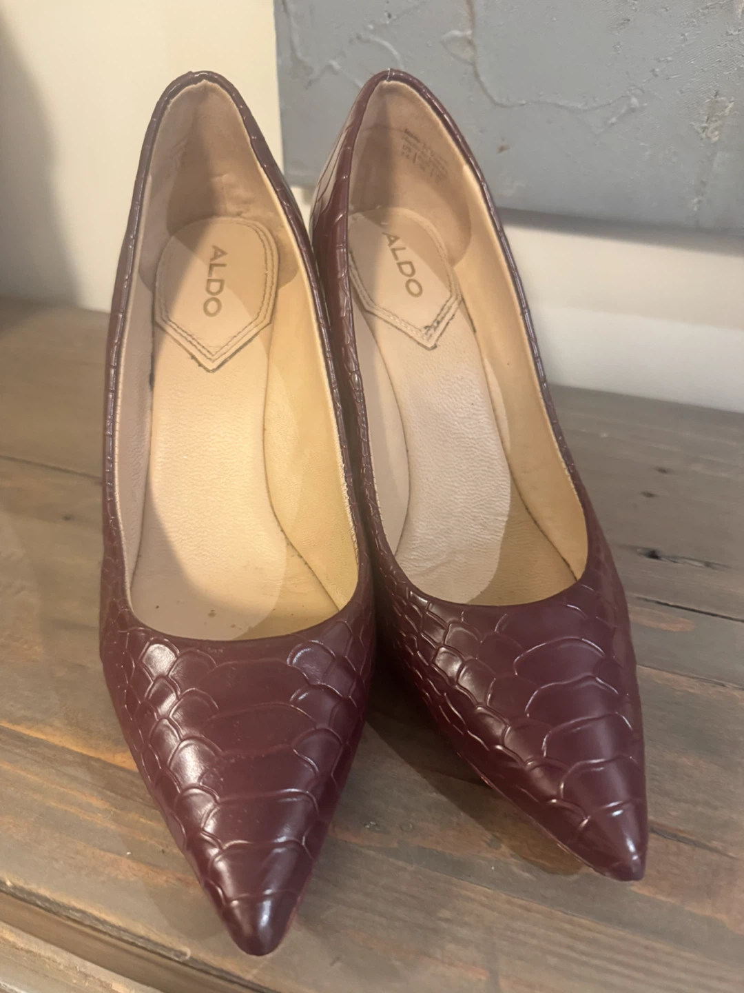 ALDO Burgundy Crocodile Embossed Block Heel Pumps