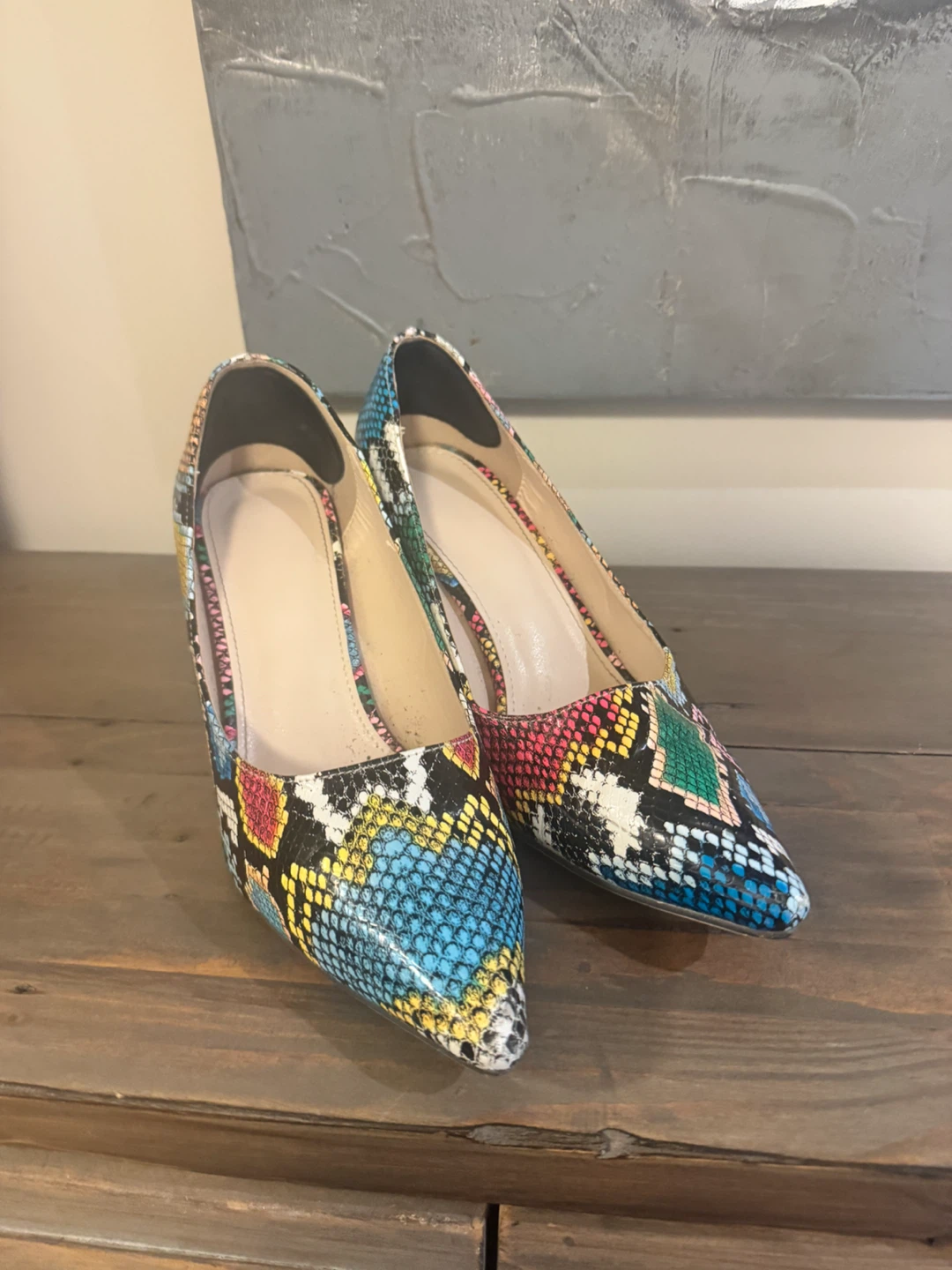 Multicoloured Snakeskin Pattern Block Heel Pumps