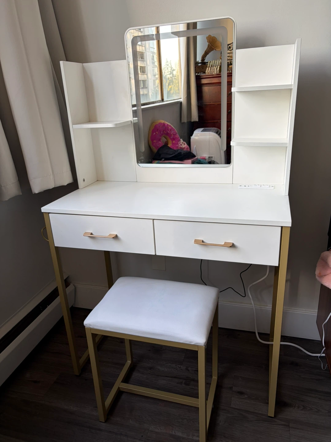White and Gold Vanity with LED Mirror and Stool