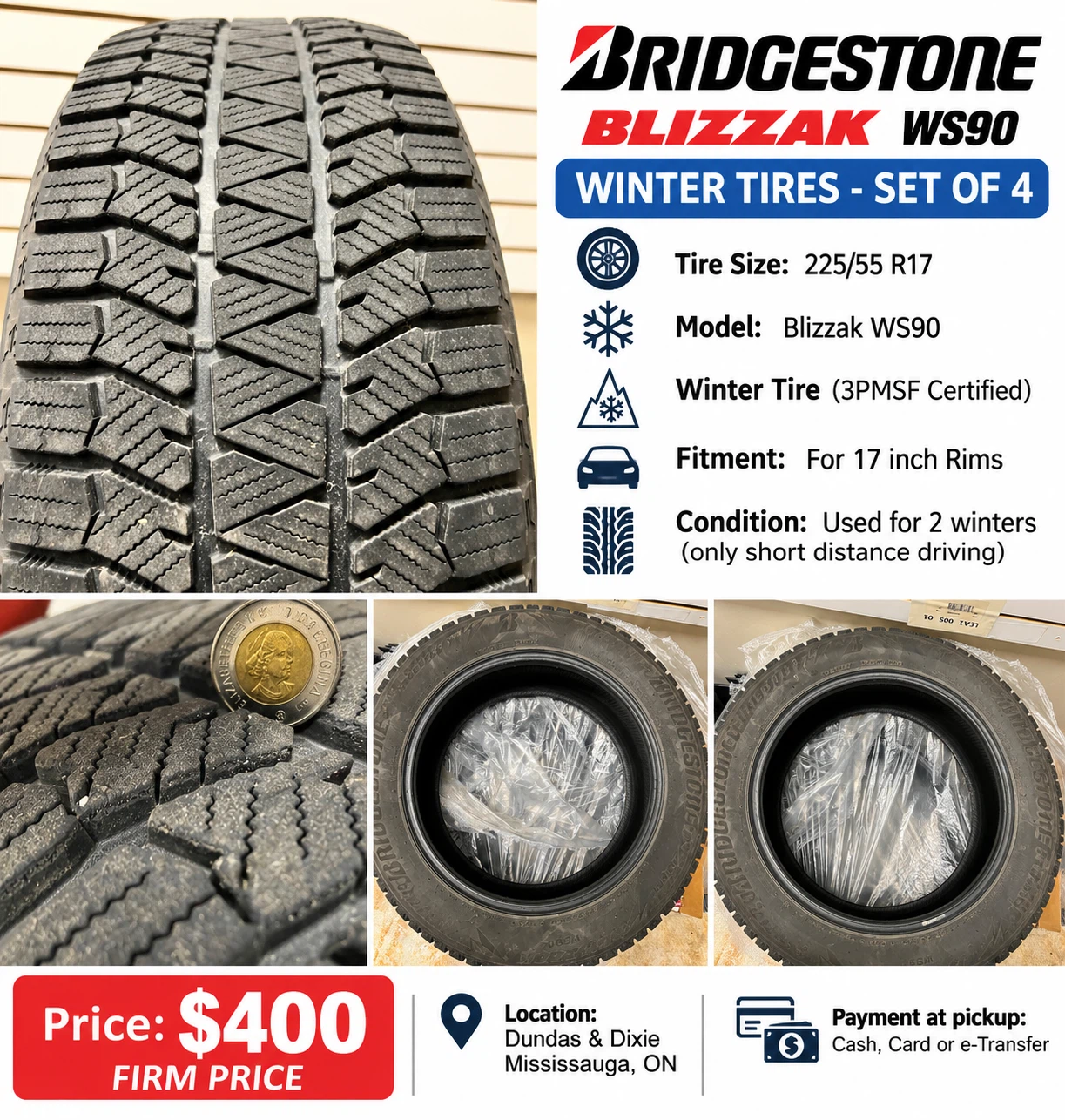 Set of 4 Bridgestone Blizzak WS90 Winter Tires 225/55 R17