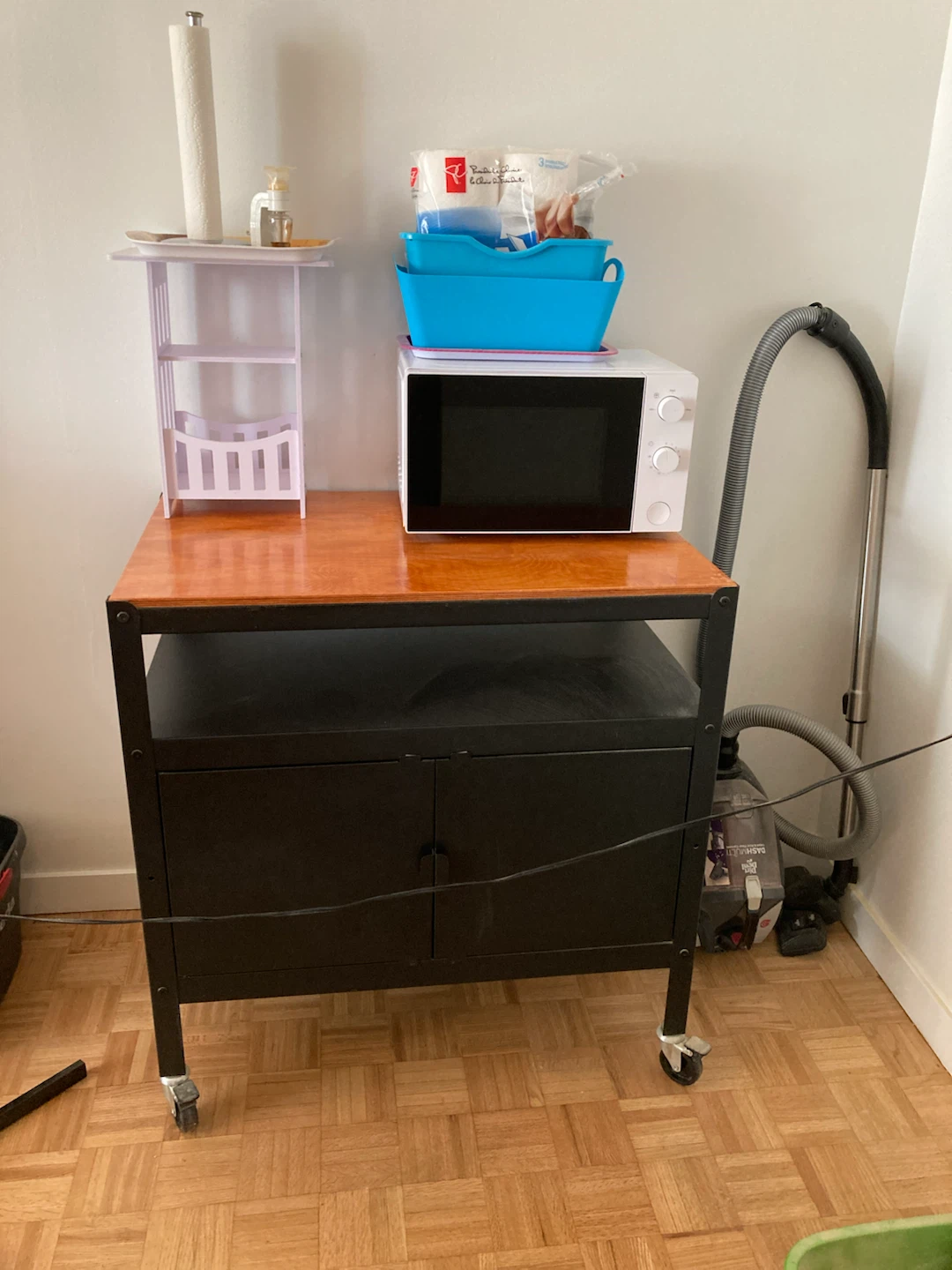 Black and Wood Microwave Cart with Wheels