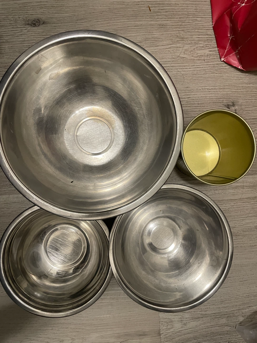 Stainless Steel Mixing Bowls and Gold Tin Set