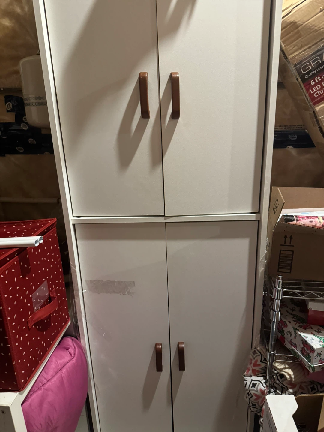 White 4-Door Storage Cabinet with Brown Handles