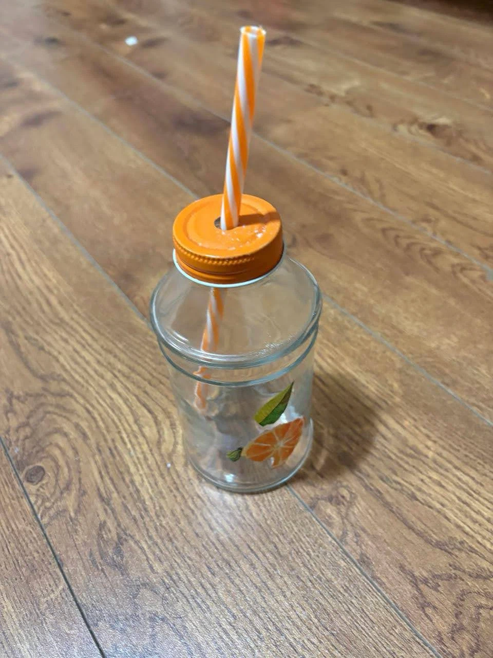 Orange Print Glass Drinking Jar with Straw