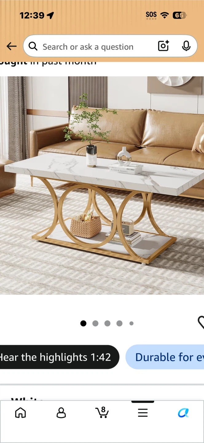 White Marble Coffee Table with Gold Metal Base