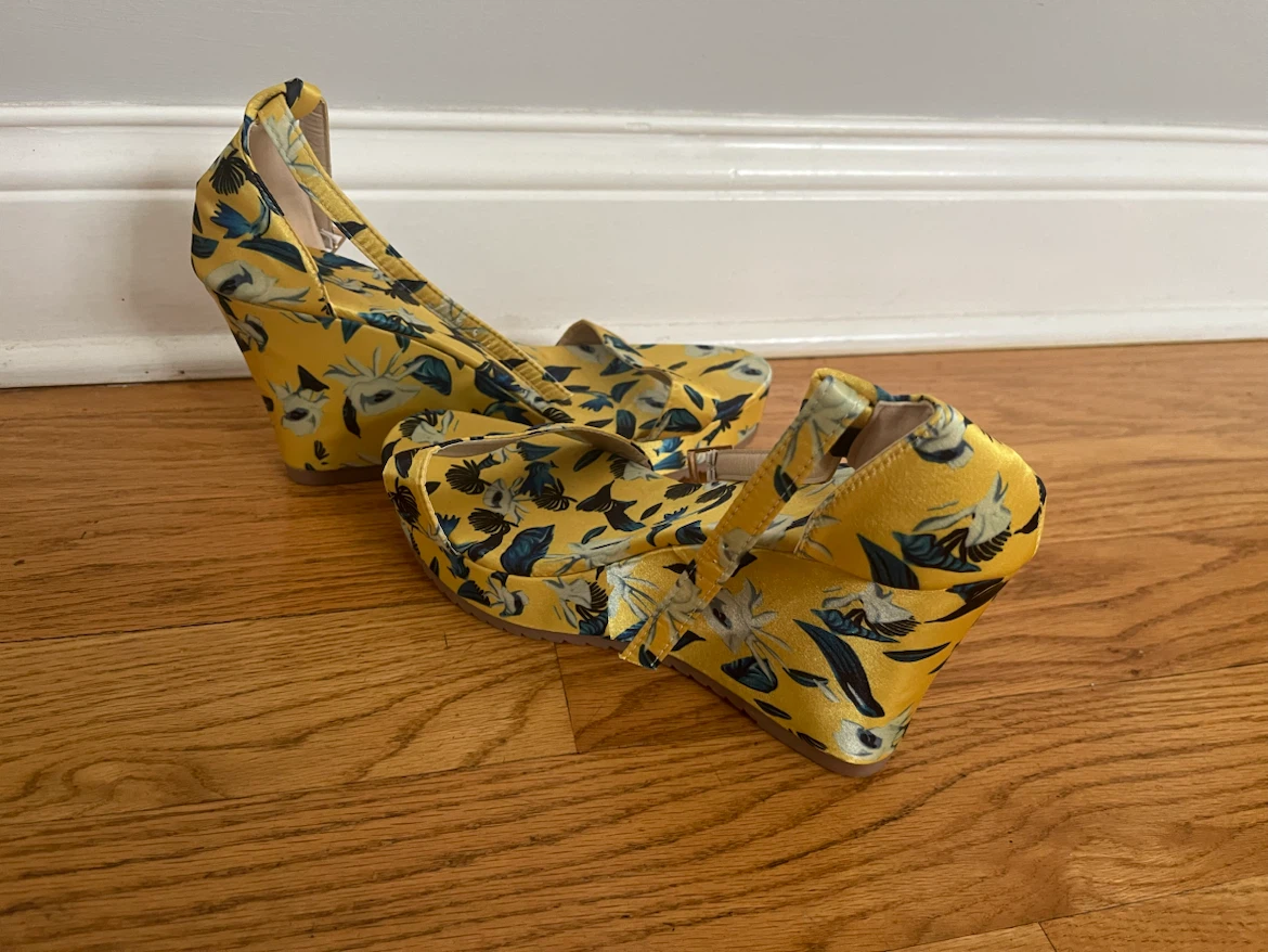 Yellow floral print wedge sandals