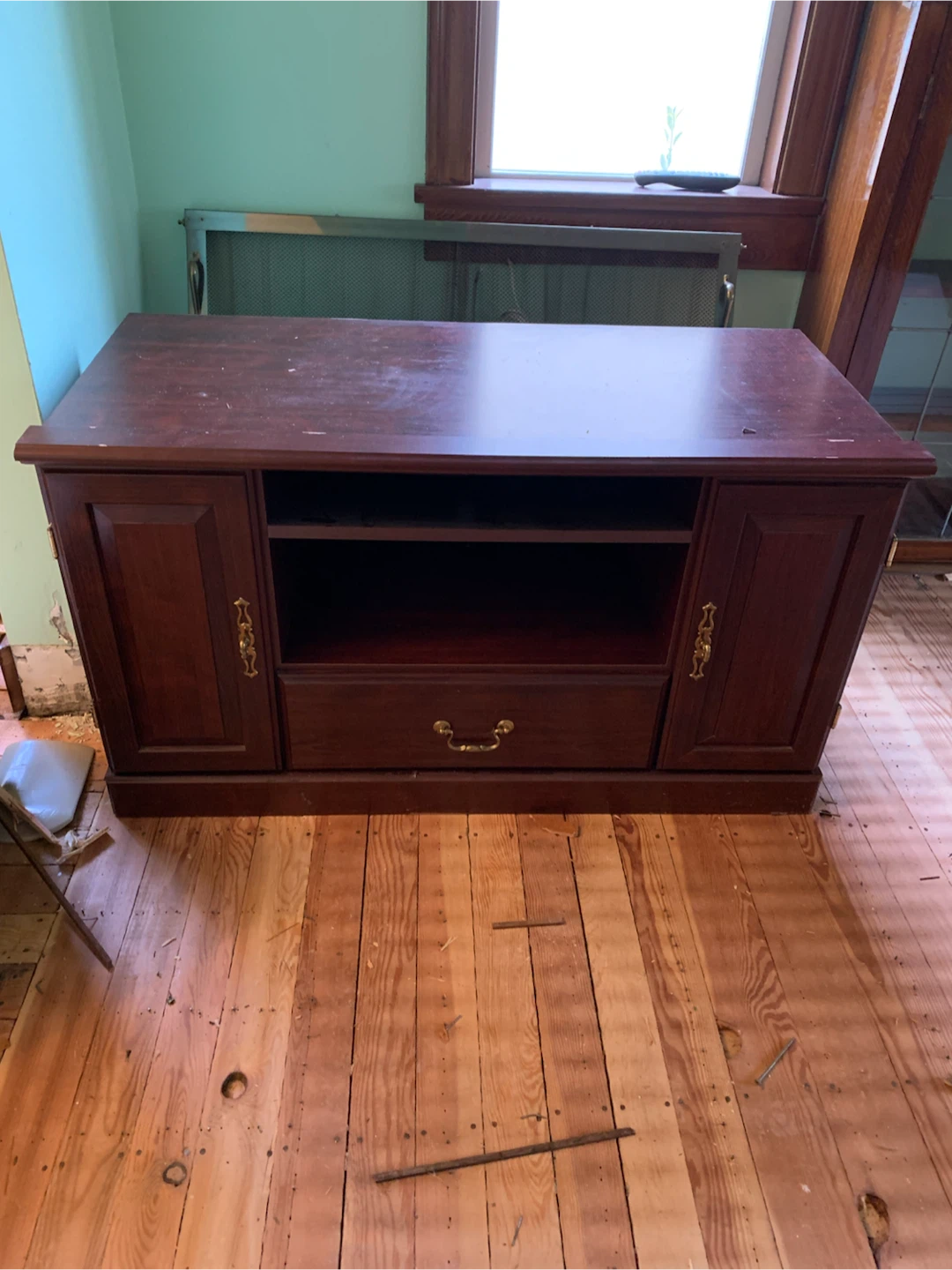 Dark Wood TV Stand with Cabinet and Drawer