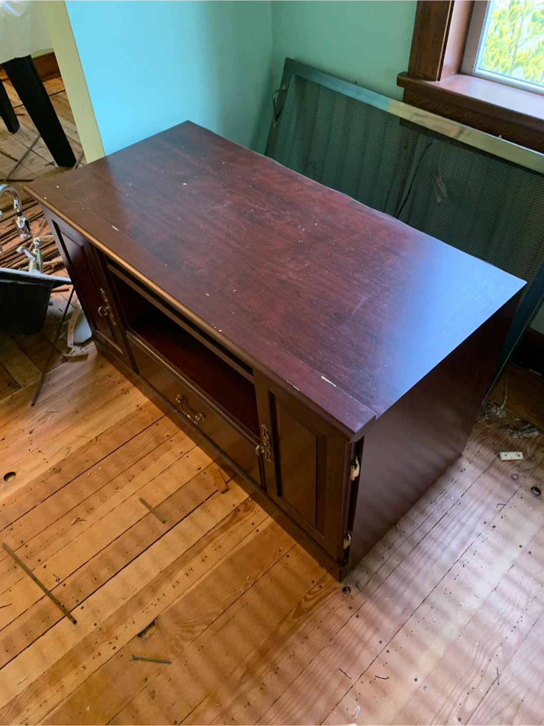 Dark Wood TV Stand with Cabinet and Drawer - photo 2