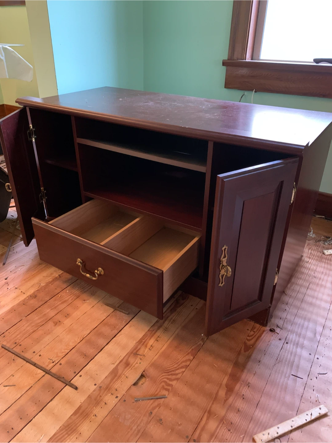 Dark Wood TV Stand with Cabinet and Drawer - photo 3