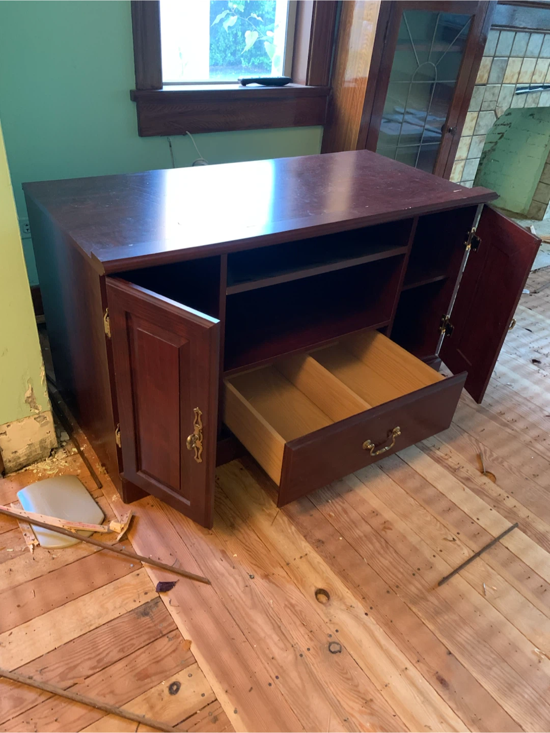 Dark Wood TV Stand with Cabinet and Drawer - photo 4