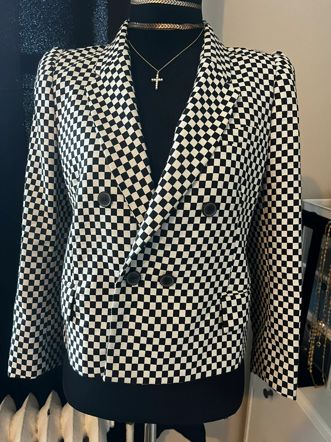 Zara Black and White Checkered Double-Breasted Blazer