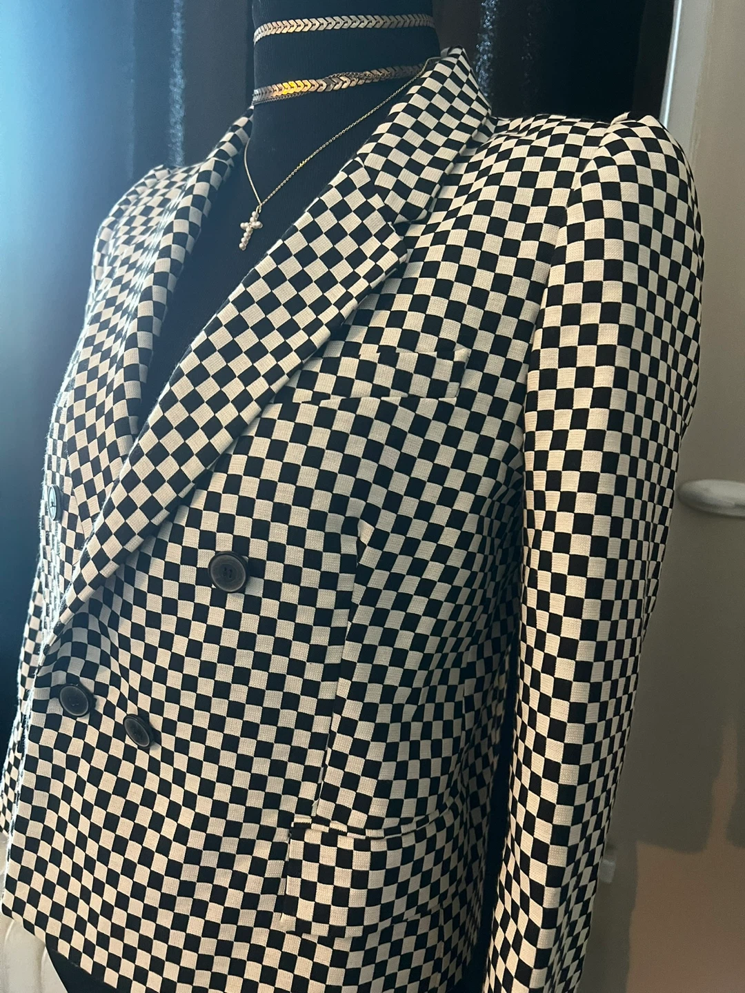 Zara Black and White Checkered Double-Breasted Blazer - photo 2