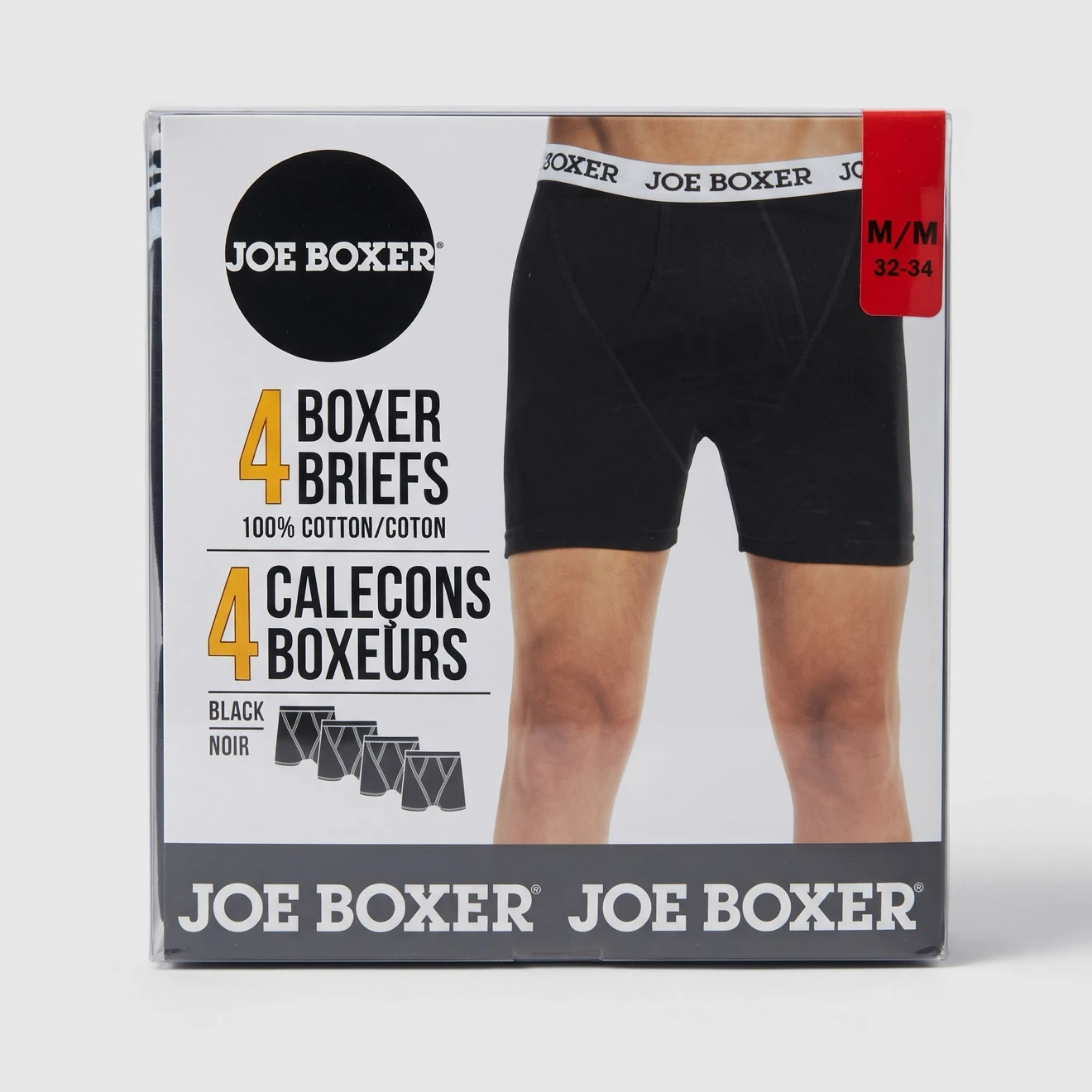 NEW Joe Boxer Men's 100% Cotton Boxer Briefs (4-Pack,BLK,Size M)