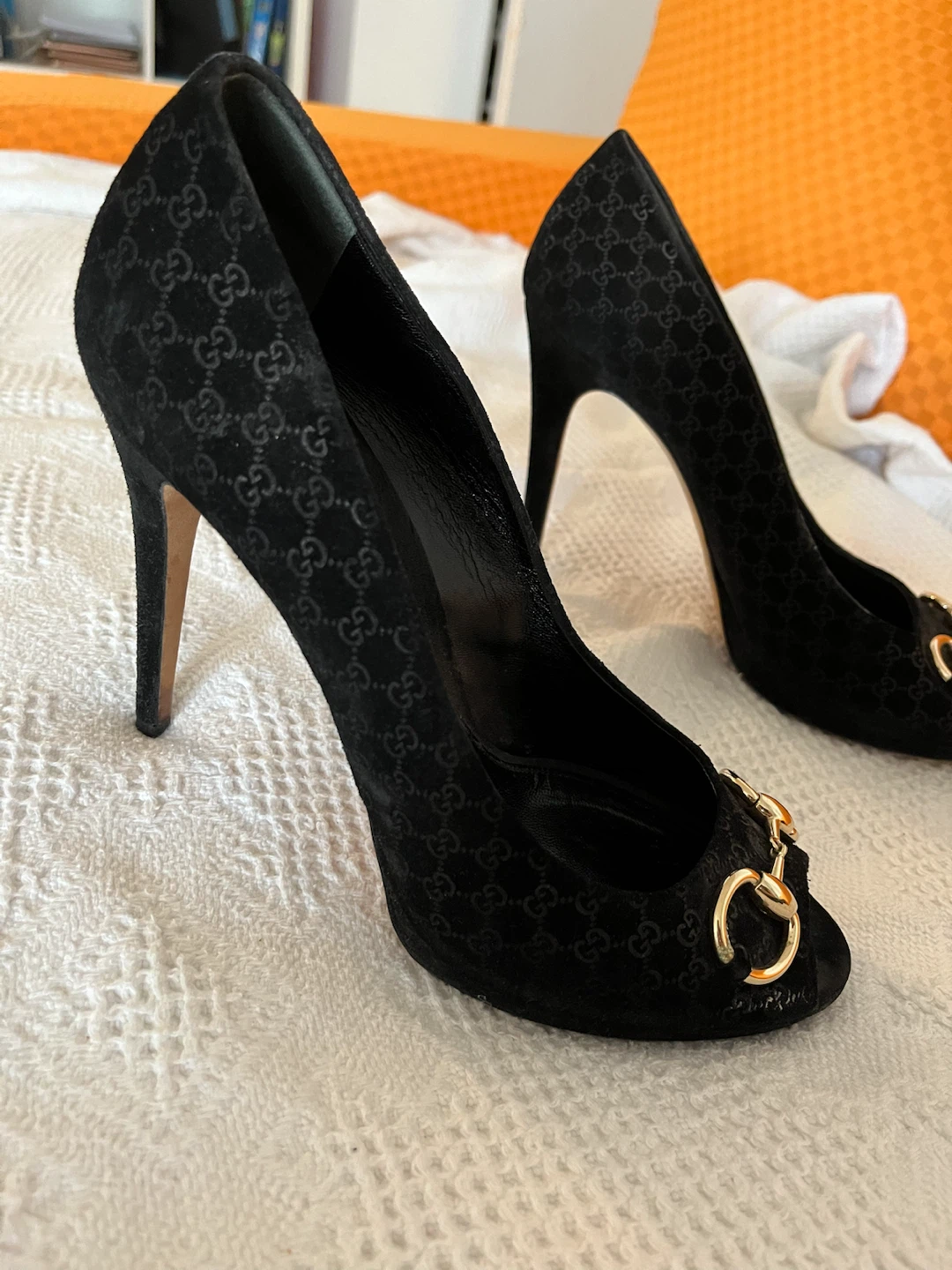 Gucci black suede GG logo peep-toe heels