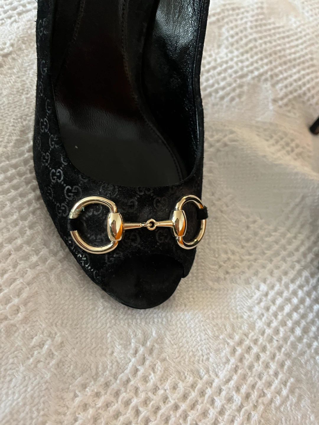 Gucci black suede GG logo peep-toe heels - photo 3
