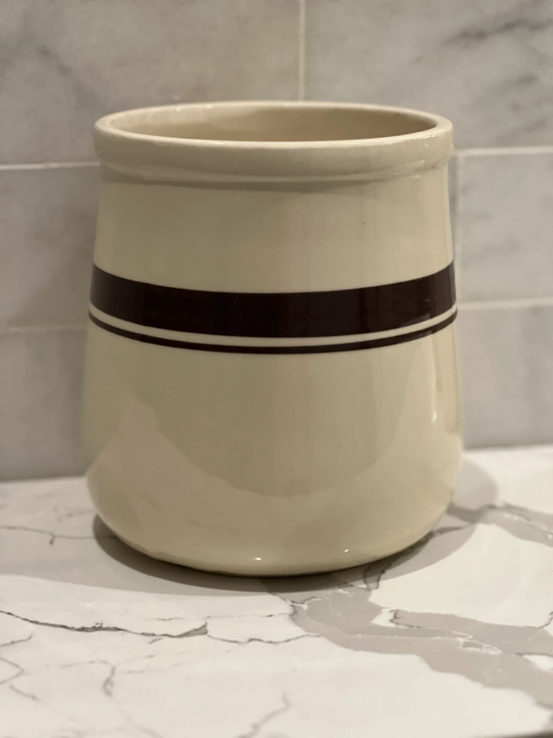 Vintage McCoy Pottery Cream & Brown Banded Stoneware Crock