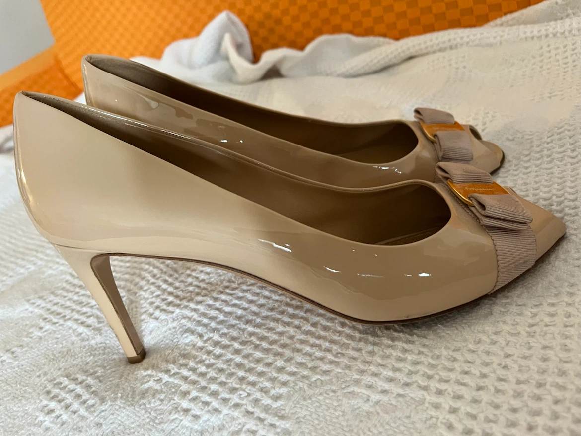 Salvatore Ferragamo Patent Leather Peep Toe Heels