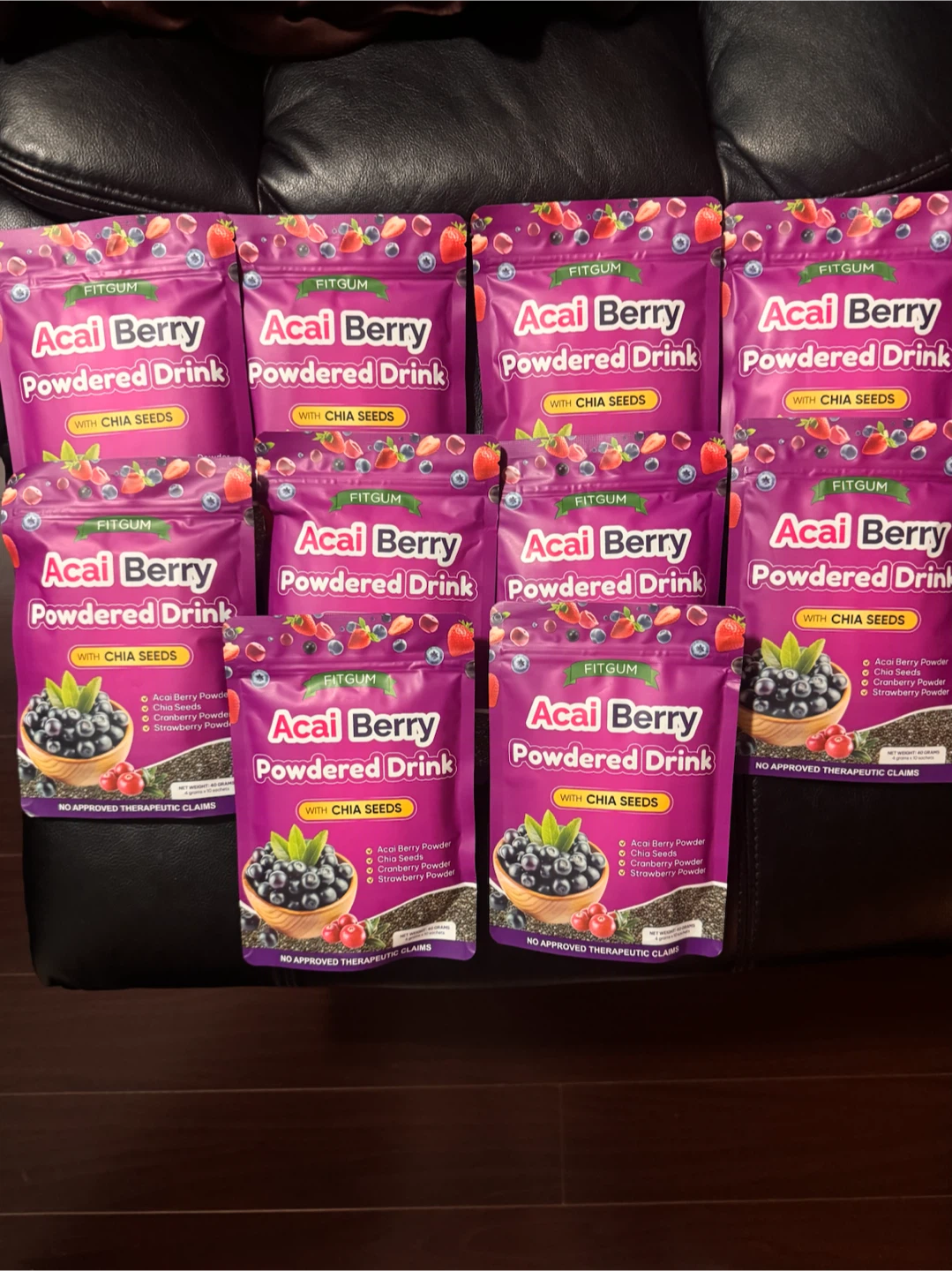 10 Pack Fitgum Acai Berry Powdered Drink with Chia Seeds
