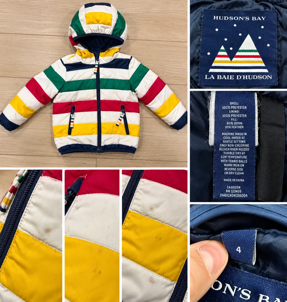 Hudson's Bay Striped Down Kids Puffer Jacket Sz 4 - photo 2