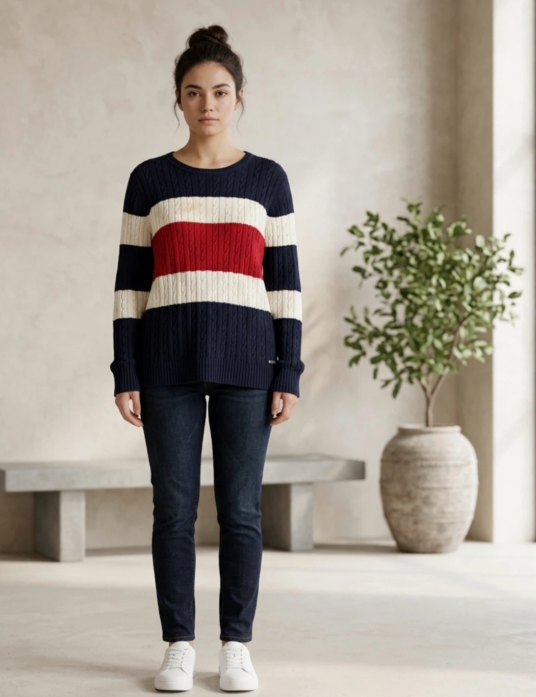 Tommy Hilfiger Cable Knit Sweater Navy White Red