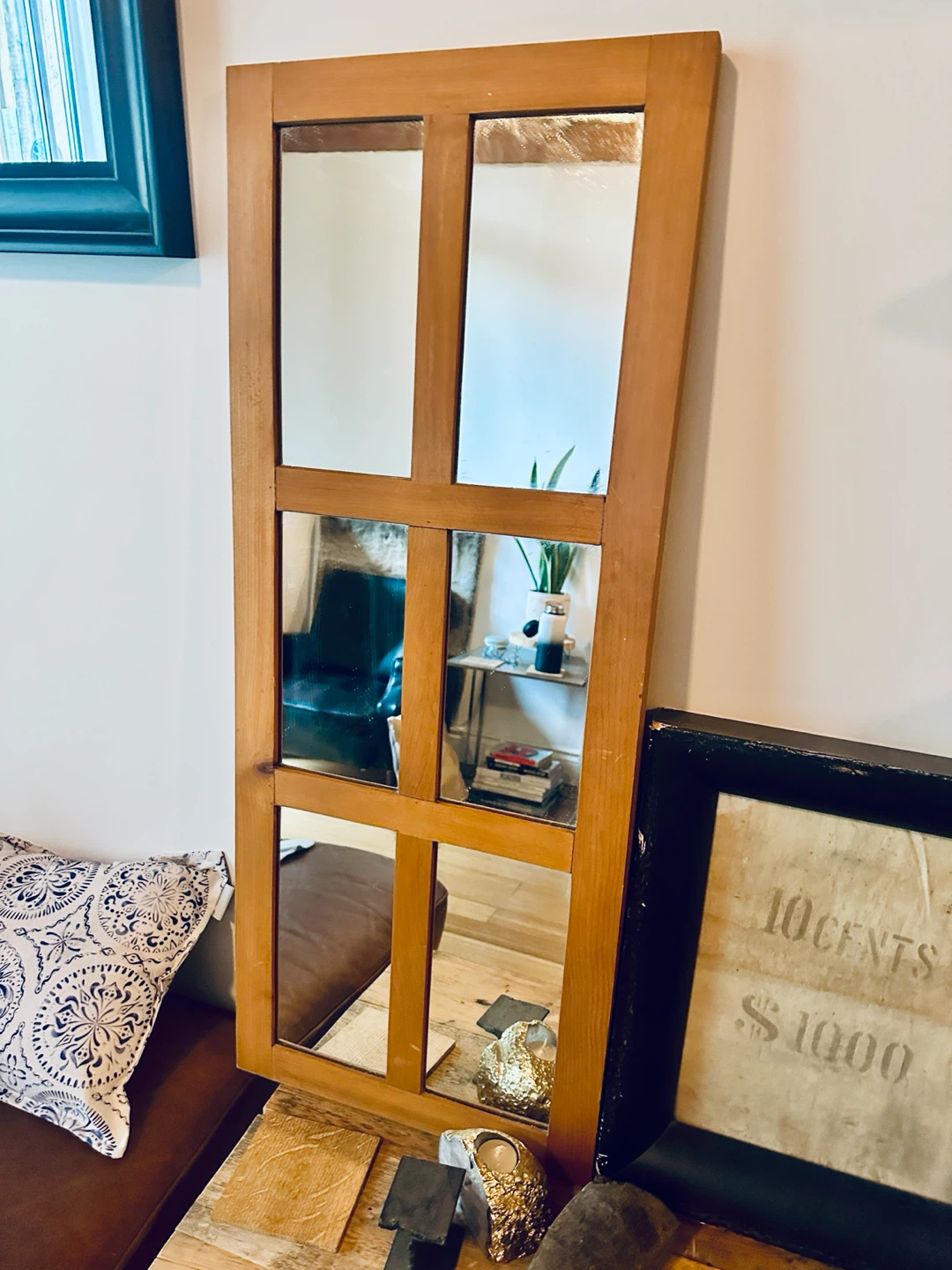 VINTAGE PINE WOOD WINDOW FRAME WALL MIRROR FARM HOUSE
