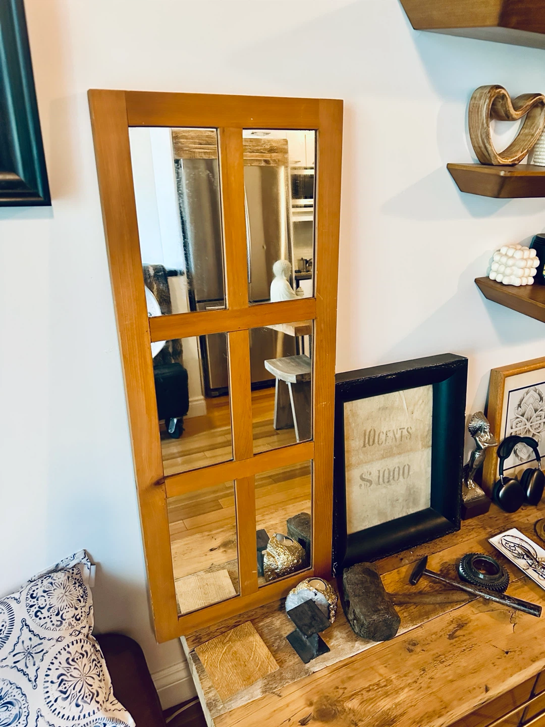 VINTAGE PINE WOOD WINDOW FRAME WALL MIRROR FARM HOUSE - photo 2