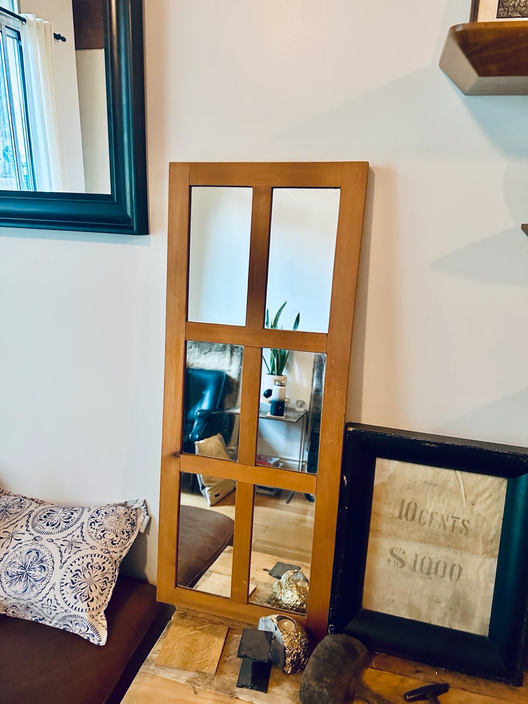 VINTAGE PINE WOOD WINDOW FRAME WALL MIRROR FARM HOUSE - photo 3