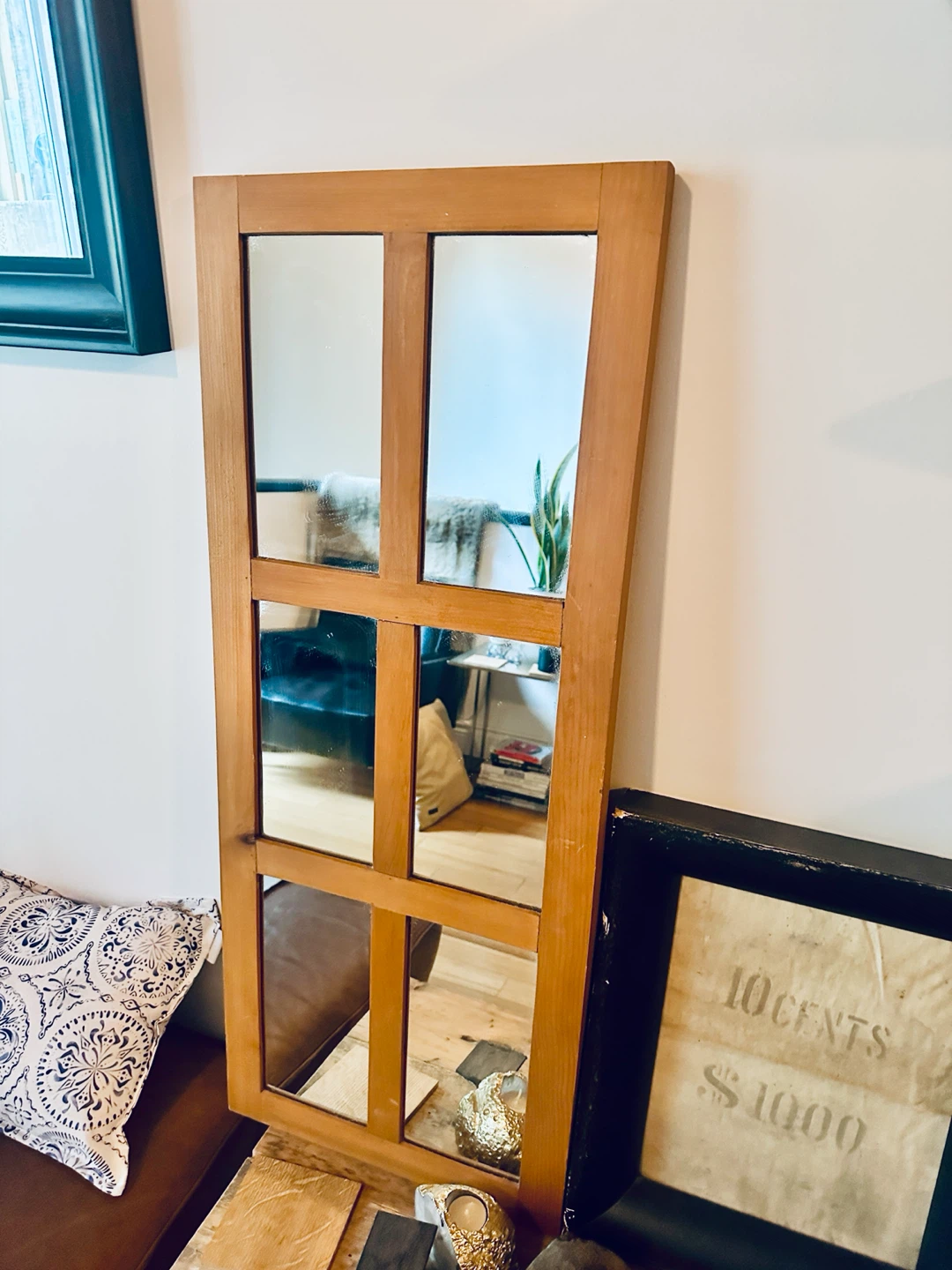 VINTAGE PINE WOOD WINDOW FRAME WALL MIRROR FARM HOUSE - photo 4