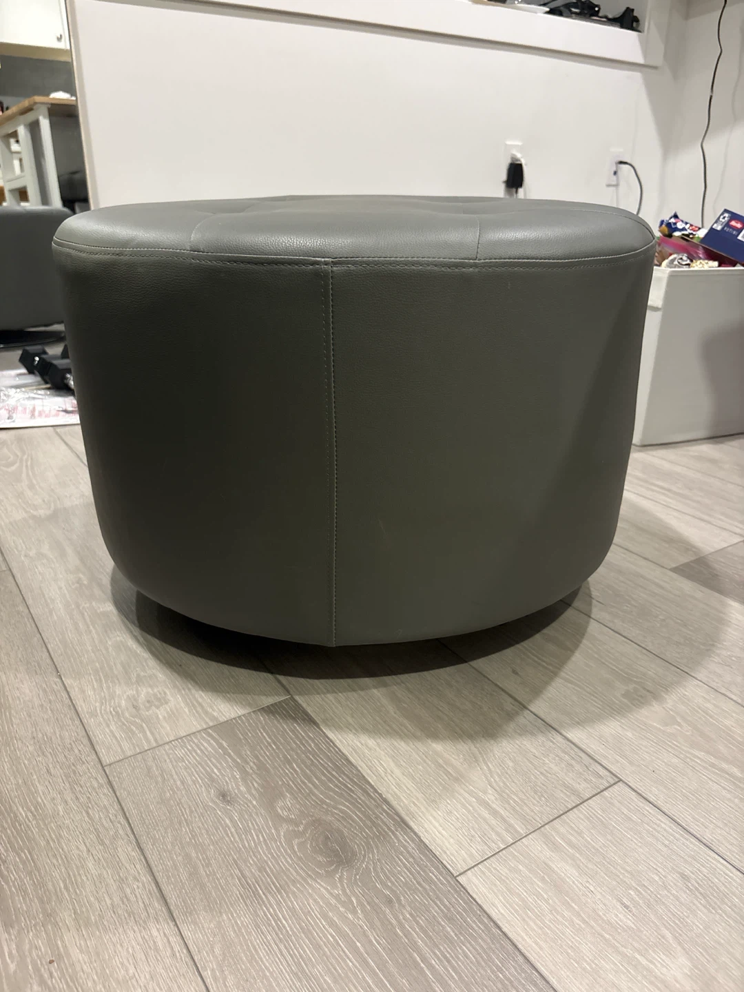 Round Grey Faux Leather Ottoman - photo 2