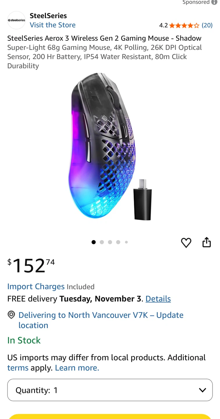 SteelSeries Aerox 3 Wireless Gen 2 Gaming Mouse