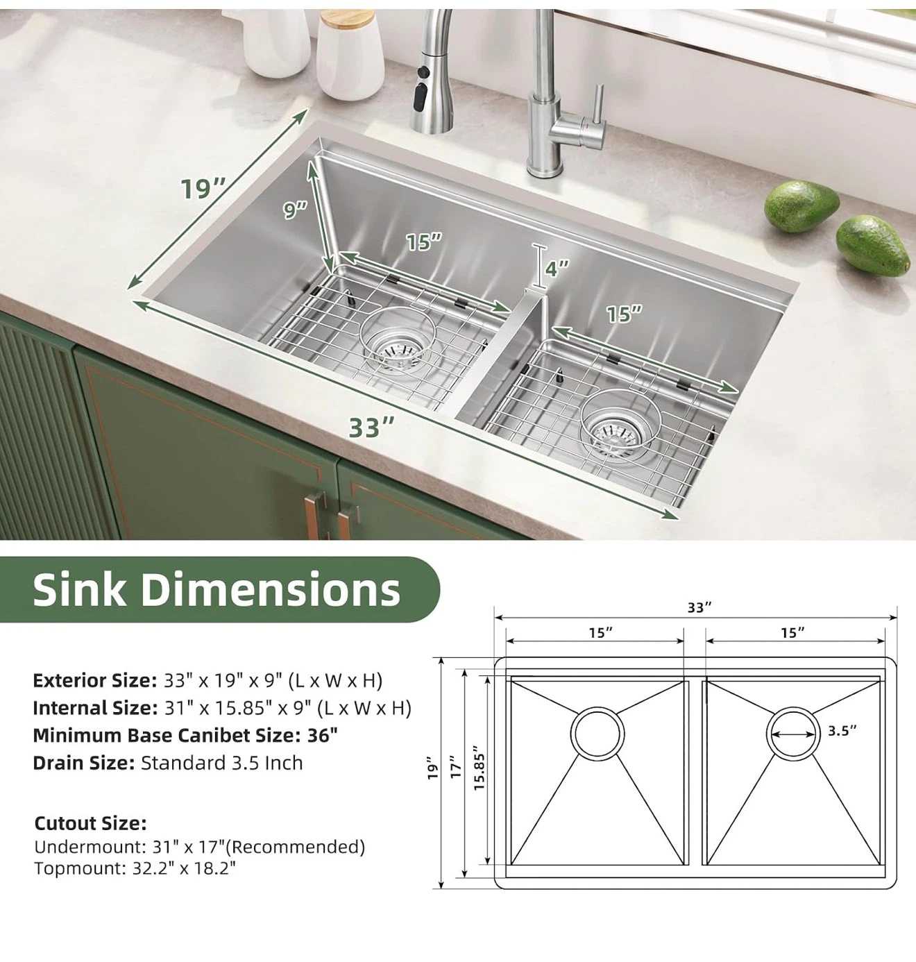 Davivy 33 Inch Double Bowl Undermount Stainless Kitchen Sink - photo 2