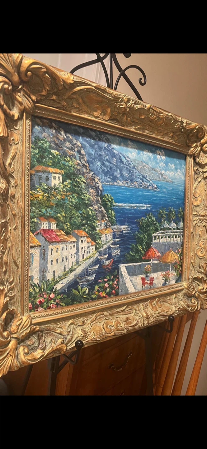 Framed Mediterranean Coastal Oil Painting - photo 2
