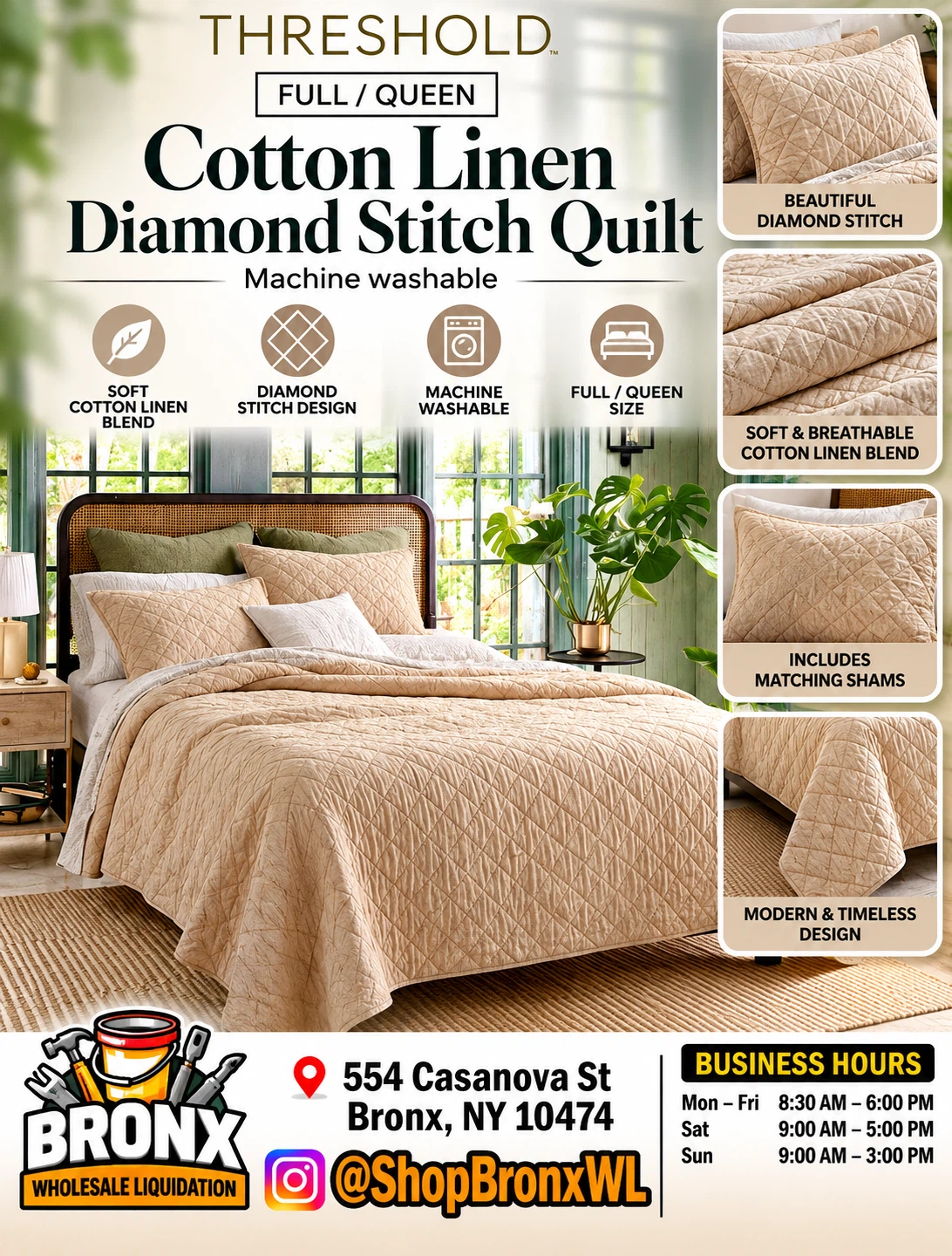 Threshold Cotton Linen Diamond Stitch Quilt Full/Queen