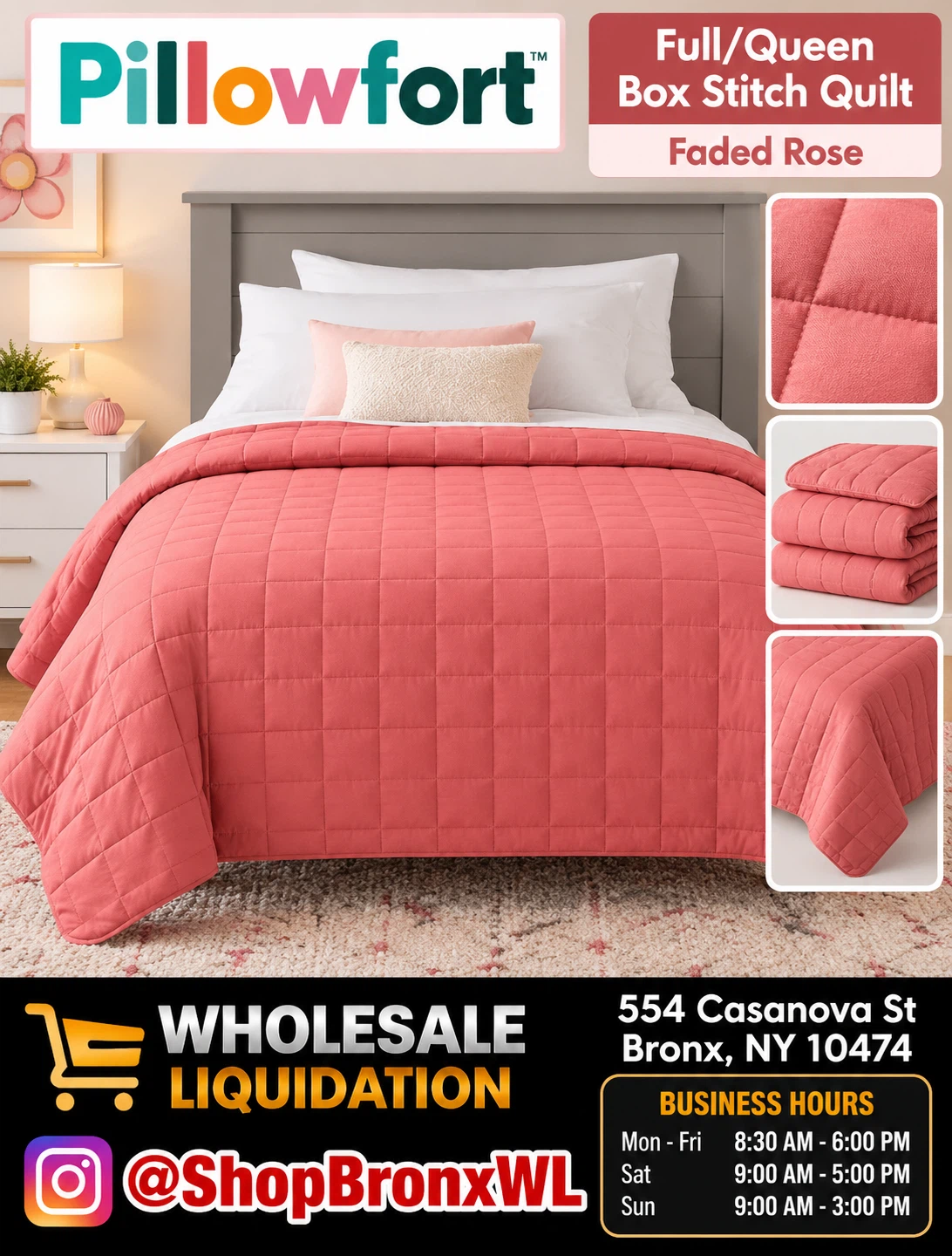 Pillowfort Full/Queen Box Stitch Quilt in Faded Rose